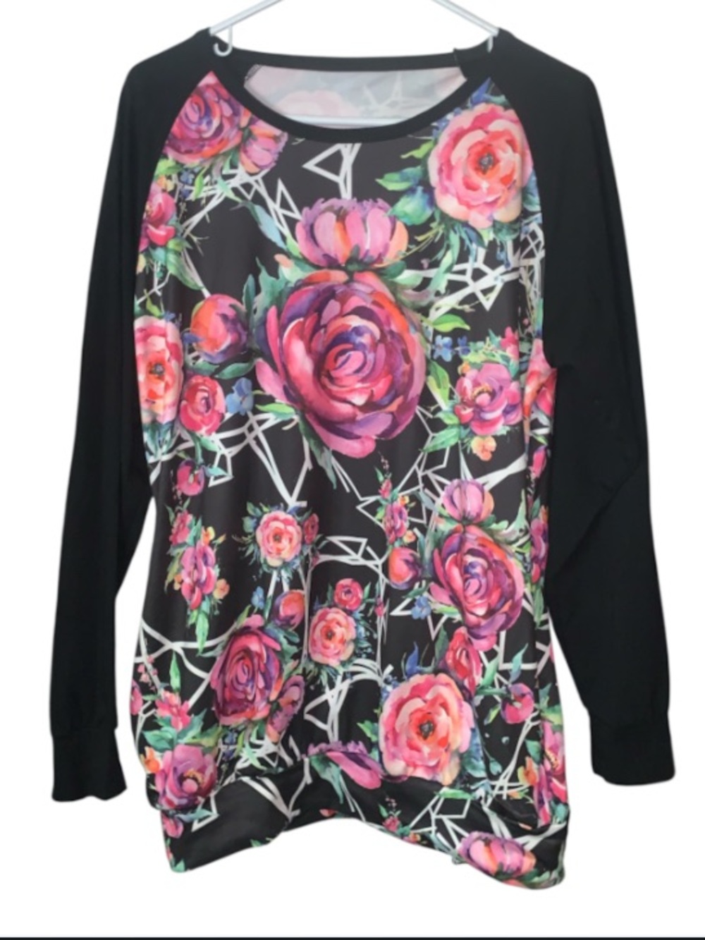 Women's Black Floral Raglan Sweatshirt with Pink Roses